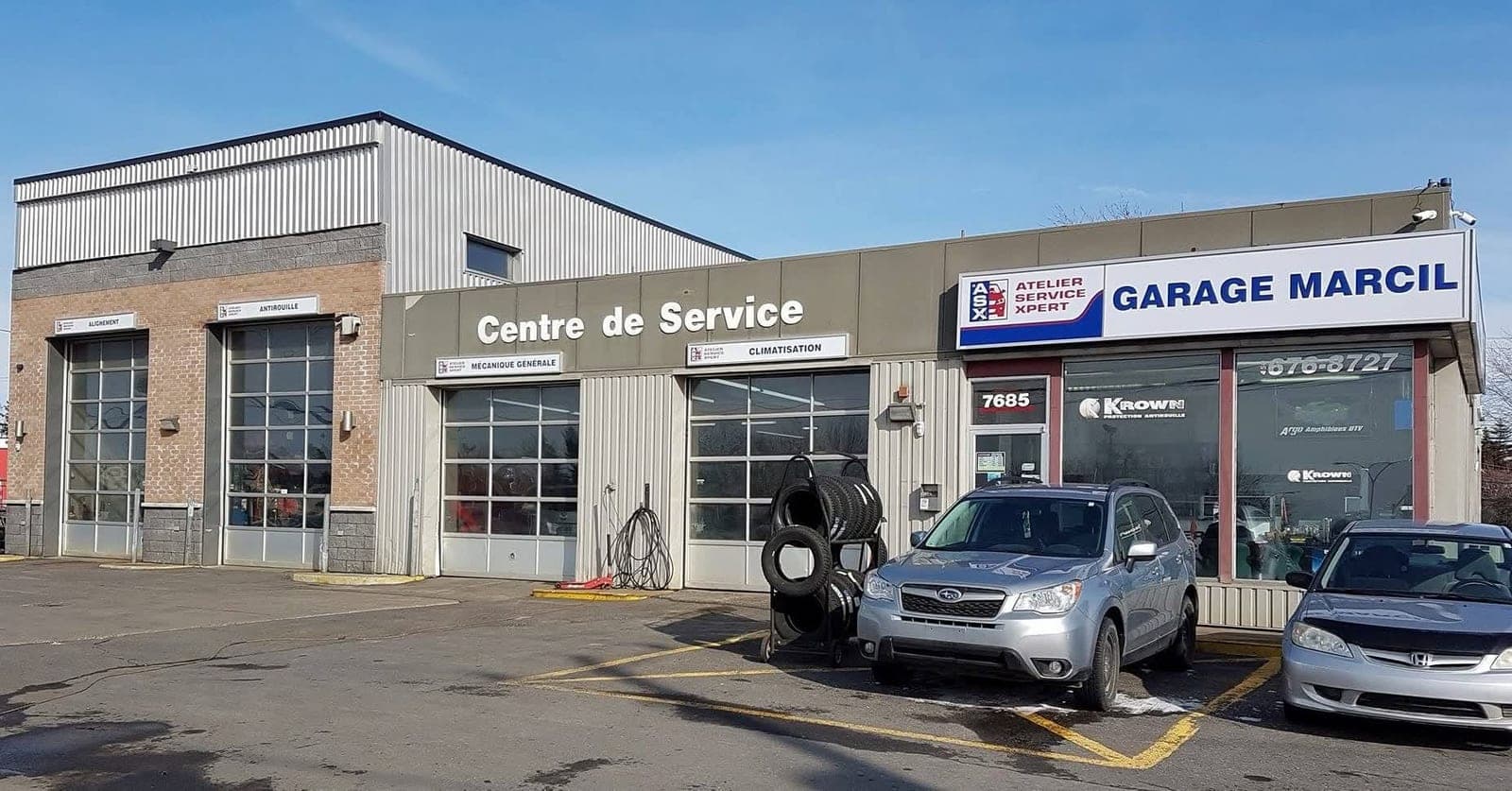 Devanture de Garage Marcil au 7685, boul. Taschereau à Brossard